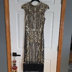 Glamorous Black and Gold Sequin Midi Dress